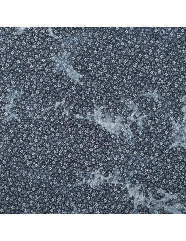 Tissu, Chambray de Coton Tie & Dye Fleuri, Bleu Dénim, Laize 145 cm, 100% Coton 140g/m²