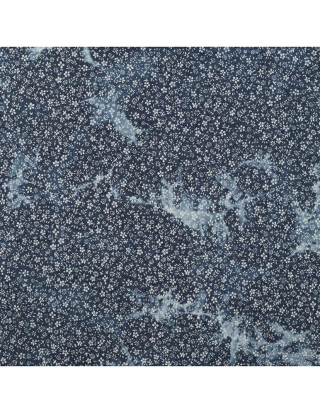 Tissu, Chambray de Coton Tie & Dye Fleuri, Bleu Dénim, Laize 145 cm, 100% Coton 140g/m²