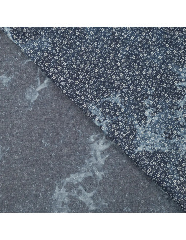 Tissu, Chambray de Coton Tie & Dye Fleuri, Bleu Dénim, Laize 145 cm, 100% Coton 140g/m²