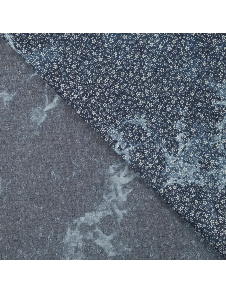 Tissu, Chambray de Coton Tie & Dye Fleuri, Bleu Dénim, Laize 145 cm, 100% Coton 140g/m²