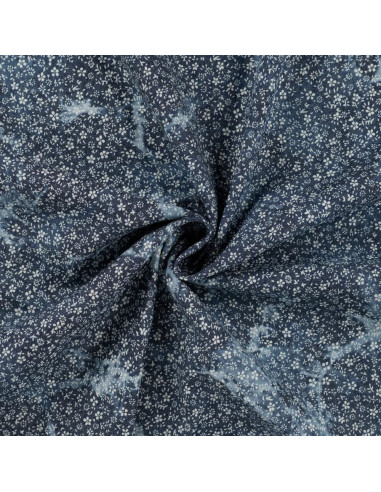 Tissu, Chambray de Coton Tie & Dye Fleuri, Bleu Dénim, Laize 145 cm, 100% Coton 140g/m²