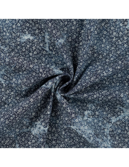 Tissu, Chambray de Coton Tie & Dye Fleuri, Bleu Dénim, Laize 145 cm, 100% Coton 140g/m²