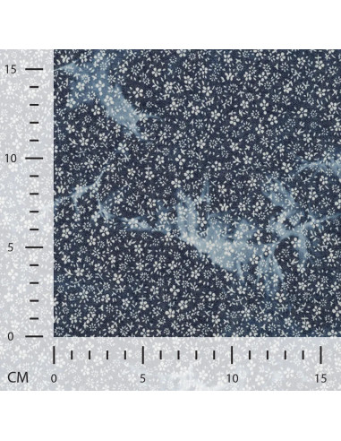 Tissu, Chambray de Coton Tie & Dye Fleuri, Bleu Dénim, Laize 145 cm, 100% Coton 140g/m²