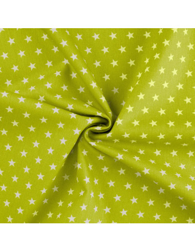 Tissu, Popeline de Coton Étoiles Blanches, Vert Pomme, Laize 150 cm, 100% Coton