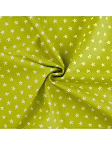 Tissu, Popeline de Coton Étoiles Blanches, Vert Pomme, Laize 150 cm, 100% Coton