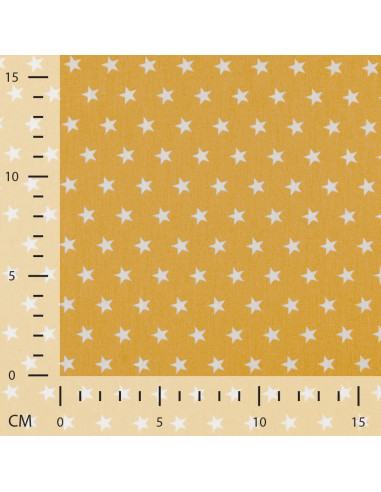 Tissu, Popeline de Coton Étoiles Blanches, Jaune Moutarde, Laize 150 cm, 100% Coton