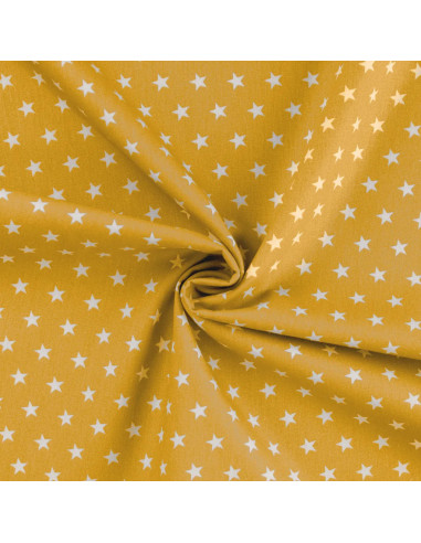Tissu, Popeline de Coton Étoiles Blanches, Jaune Moutarde, Laize 150 cm, 100% Coton