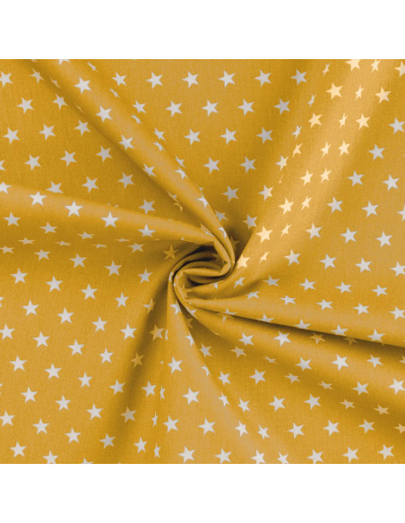 Tissu, Popeline de Coton Étoiles Blanches, Jaune Moutarde, Laize 150 cm, 100% Coton