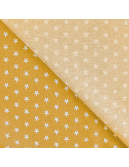 Tissu, Popeline de Coton Étoiles Blanches, Jaune Moutarde, Laize 150 cm, 100% Coton