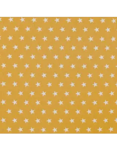 Tissu, Popeline de Coton Étoiles Blanches, Jaune Moutarde, Laize 150 cm, 100% Coton