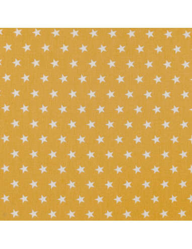 Tissu, Popeline de Coton Étoiles Blanches, Jaune Moutarde, Laize 150 cm, 100% Coton