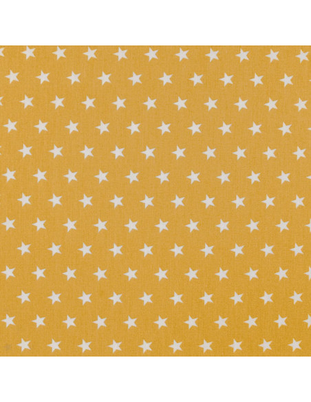 Tissu, Popeline de Coton Étoiles Blanches, Jaune Moutarde, Laize 150 cm, 100% Coton