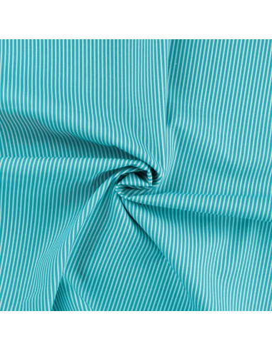 Tissu, Popeline de Coton Rayures, Bleu Turquoise et Blanc, Laize 150 cm, 100% Coton