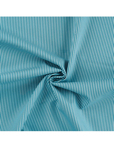 Tissu, Popeline de Coton, Rayures Orange et Blanches sur Bleu Pétrole, Laize 150 cm, 100% Coton