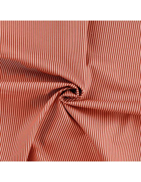 Tissu, Popeline de Coton Rayures, Terracotta et Blanc, Laize 150 cm, 100% Coton