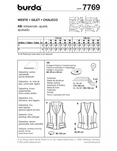 Patron Burda 7769 - Gilet Femme du 40 au 60