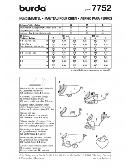 Patron Burda 7752 Idée Creative Manteau pour chien