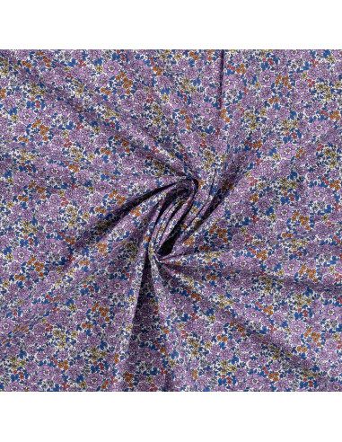 Tissu, Popeline de Coton Fleurie Digitale, Violettes, Laize 150 cm, 100% Coton 75g/m²