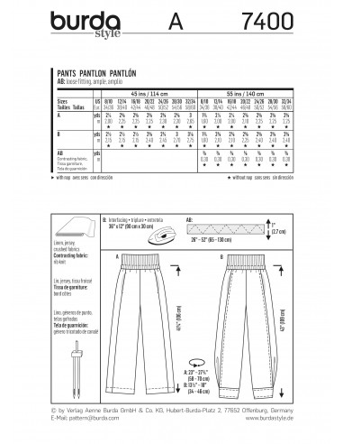 Patron Burda 7400 - Pantalon Large Femme sur bande élastique du 36 au 62 (FR)