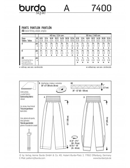 Patron Burda 7400 - Pantalon Large Femme sur bande élastique du 36 au 62 (FR)