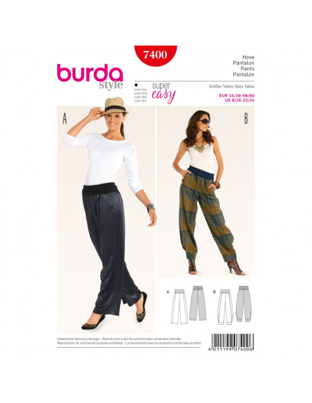 Patron Burda 7400 - Pantalon Large Femme sur bande élastique du 36 au 62 (FR)