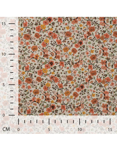 Tissu, Popeline de Coton Fleurie, Orange Fleuri, Laize 150 cm, 100% Coton 75g/m²