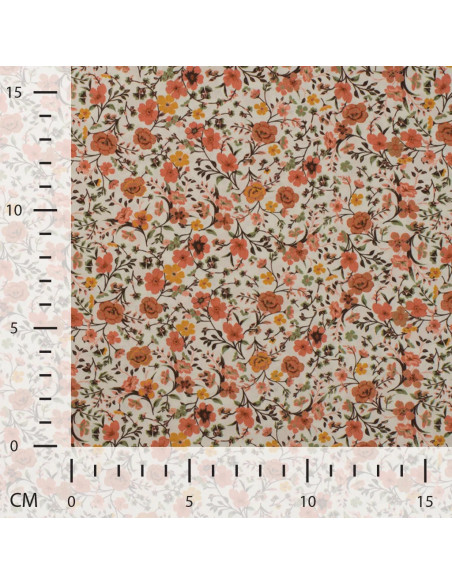 Tissu, Popeline de Coton Fleurie, Orange Fleuri, Laize 150 cm, 100% Coton 75g/m²