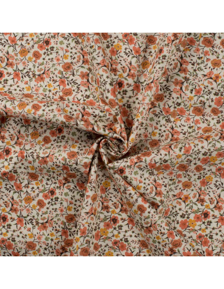Tissu, Popeline de Coton Fleurie, Orange Fleuri, Laize 150 cm, 100% Coton 75g/m²