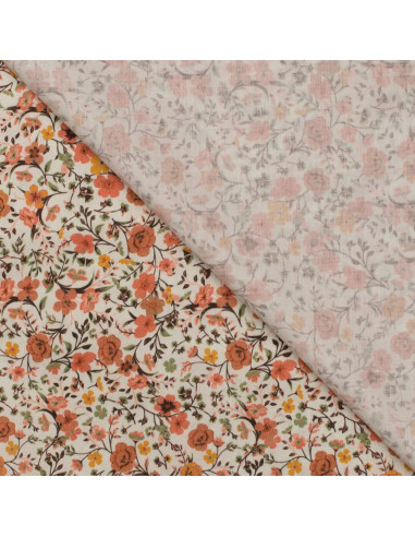 Tissu, Popeline de Coton Fleurie, Orange Fleuri, Laize 150 cm, 100% Coton 75g/m²