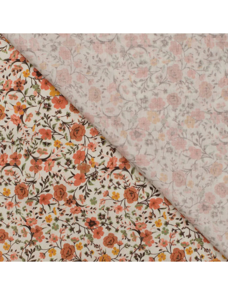 Tissu, Popeline de Coton Fleurie, Orange Fleuri, Laize 150 cm, 100% Coton 75g/m²