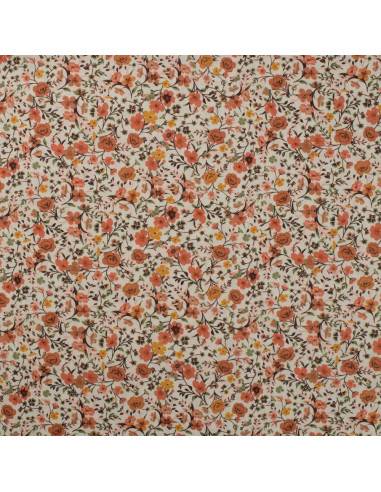 Tissu, Popeline de Coton Fleurie, Orange Fleuri, Laize 150 cm, 100% Coton 75g/m²