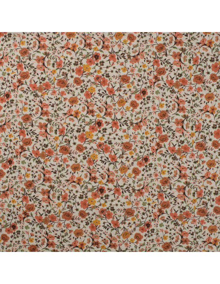 Tissu, Popeline de Coton Fleurie, Orange Fleuri, Laize 150 cm, 100% Coton 75g/m²