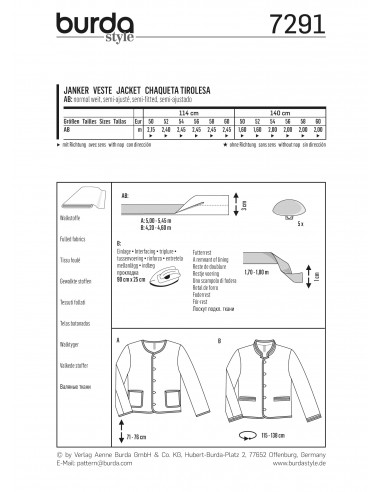 Patron Burda 7291 Veste à boutons