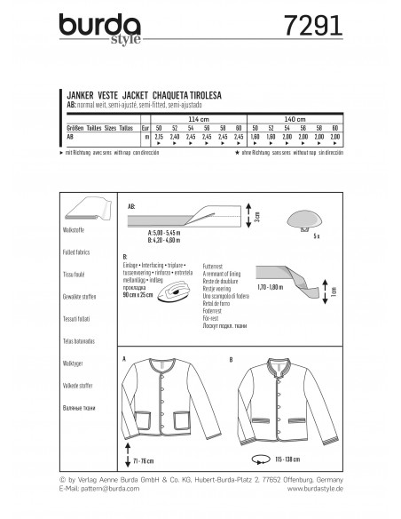 Patron Burda 7291 Veste à boutons