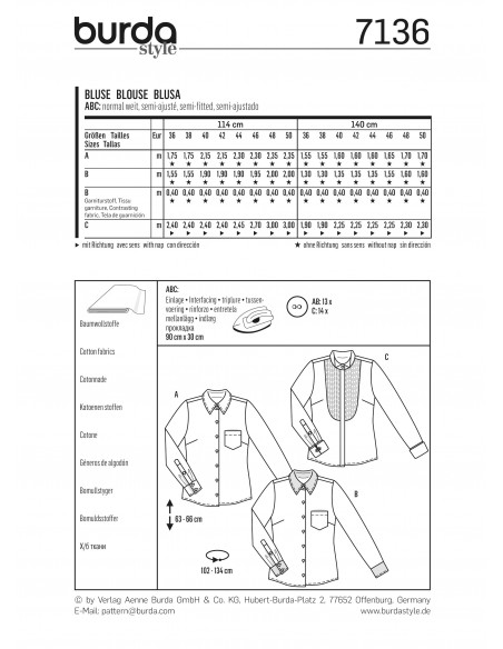 Patron Burda 7136 Chemisier, Blouse