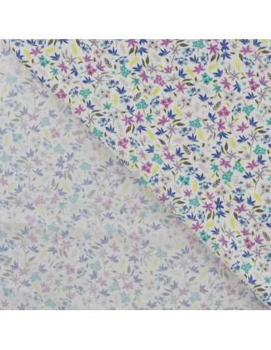 Tissu, Popeline de Coton Impression Digitale Fleurs, Rose et Violet, Laize 150 cm, 100% Coton 75g/m²