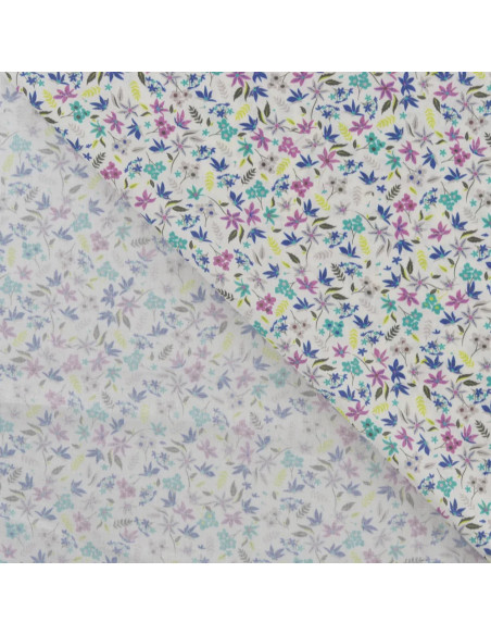 Tissu, Popeline de Coton Impression Digitale Fleurs, Rose et Violet, Laize 150 cm, 100% Coton 75g/m²