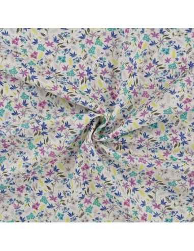 Tissu, Popeline de Coton Impression Digitale Fleurs, Rose et Violet, Laize 150 cm, 100% Coton 75g/m²