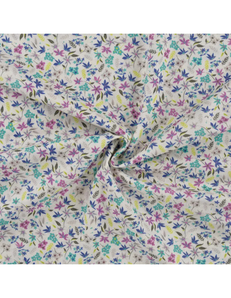 Tissu, Popeline de Coton Impression Digitale Fleurs, Rose et Violet, Laize 150 cm, 100% Coton 75g/m²