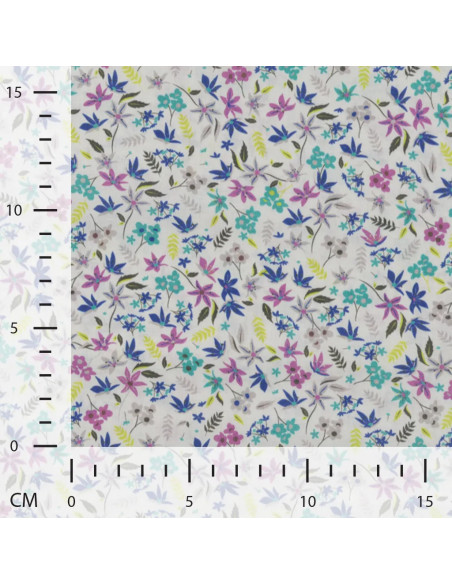 Tissu, Popeline de Coton Impression Digitale Fleurs, Rose et Violet, Laize 150 cm, 100% Coton 75g/m²