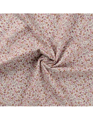Tissu, Popeline de Coton Petites Fleurs, Rose sur Blanc, Laize 150 cm, 100% Coton 75g/m²