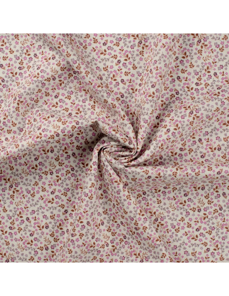 Tissu, Popeline de Coton Petites Fleurs, Rose sur Blanc, Laize 150 cm, 100% Coton 75g/m²