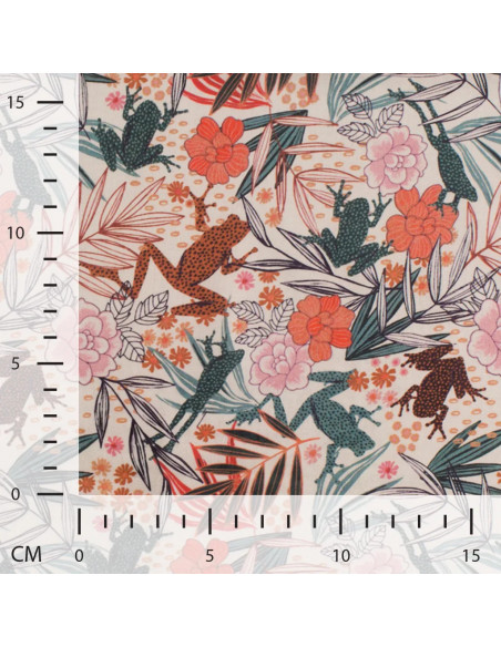 Tissu, Popeline de Coton Fleurs & Grenouilles, Orange & Verts, Laize 150 cm, 100% Coton 75g/m²
