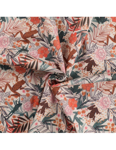 Tissu, Popeline de Coton Fleurs & Grenouilles, Orange & Verts, Laize 150 cm, 100% Coton 75g/m²