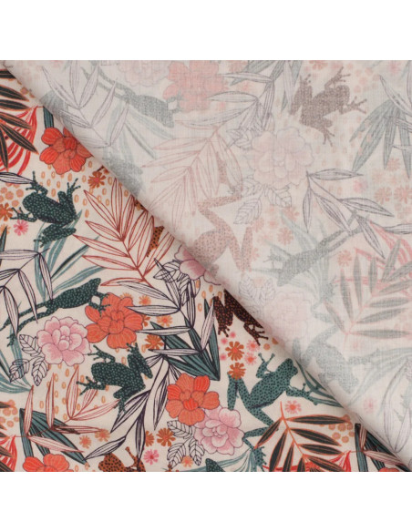 Tissu, Popeline de Coton Fleurs & Grenouilles, Orange & Verts, Laize 150 cm, 100% Coton 75g/m²