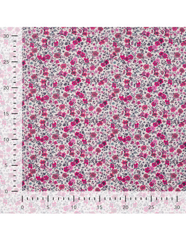 Tissu, Popeline de Coton Fleurie, Rose Fuchsia, Laize 150 cm, 100% Coton 75g/m²