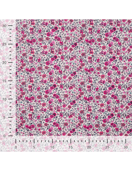 Tissu, Popeline de Coton Fleurie, Rose Fuchsia, Laize 150 cm, 100% Coton 75g/m²