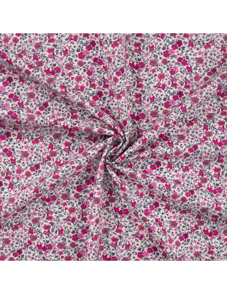 Tissu, Popeline de Coton Fleurie, Rose Fuchsia, Laize 150 cm, 100% Coton 75g/m²