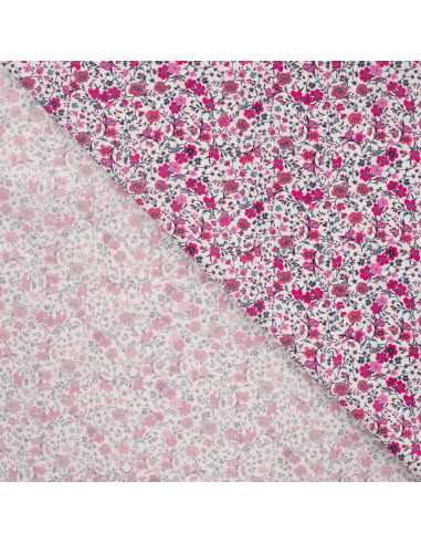 Tissu, Popeline de Coton Fleurie, Rose Fuchsia, Laize 150 cm, 100% Coton 75g/m²