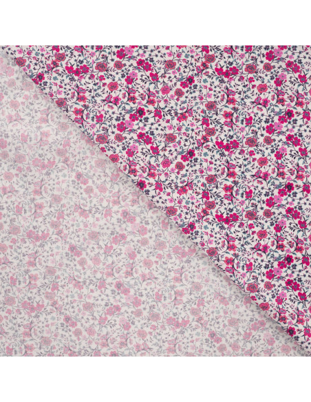 Tissu, Popeline de Coton Fleurie, Rose Fuchsia, Laize 150 cm, 100% Coton 75g/m²
